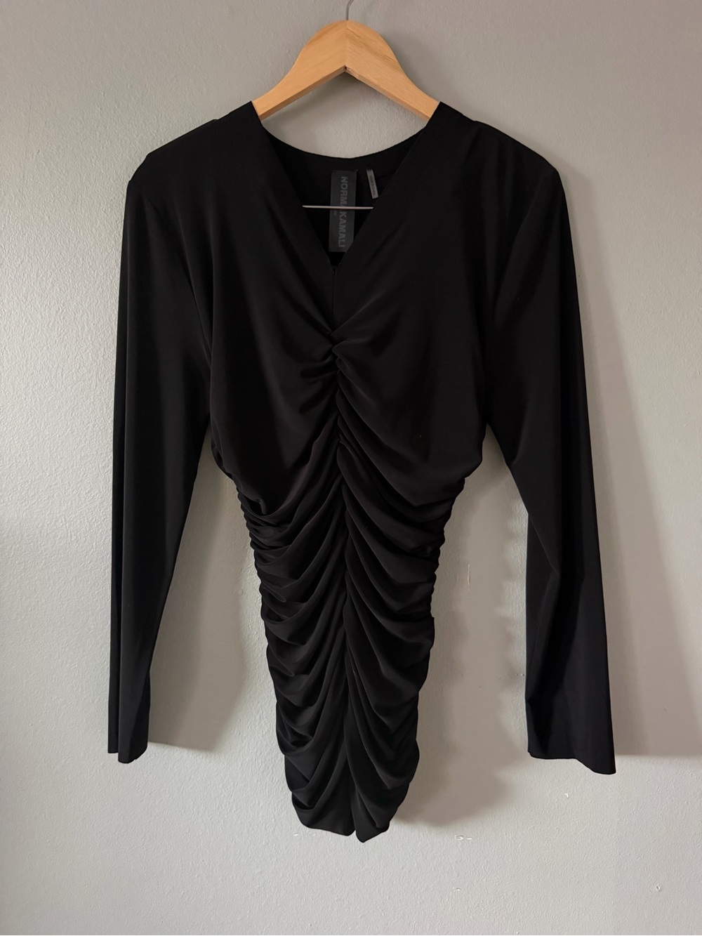 Norma Kamali Black Ruched Long Sleeve Mini Dress Bodycon LBD Size L